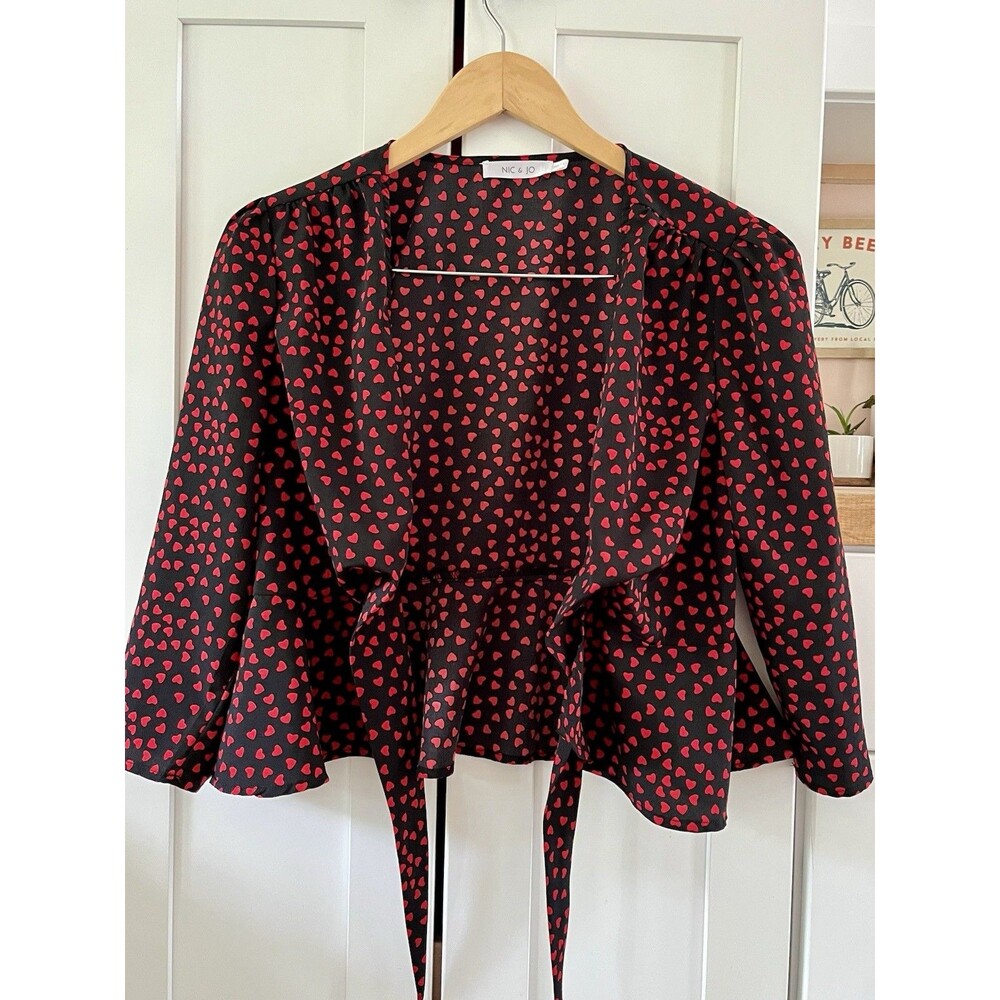 Nic & Jo Womens L Black/Red Heart V-Neck 3/4 Bell Sleeve Peplum Tie Blouse